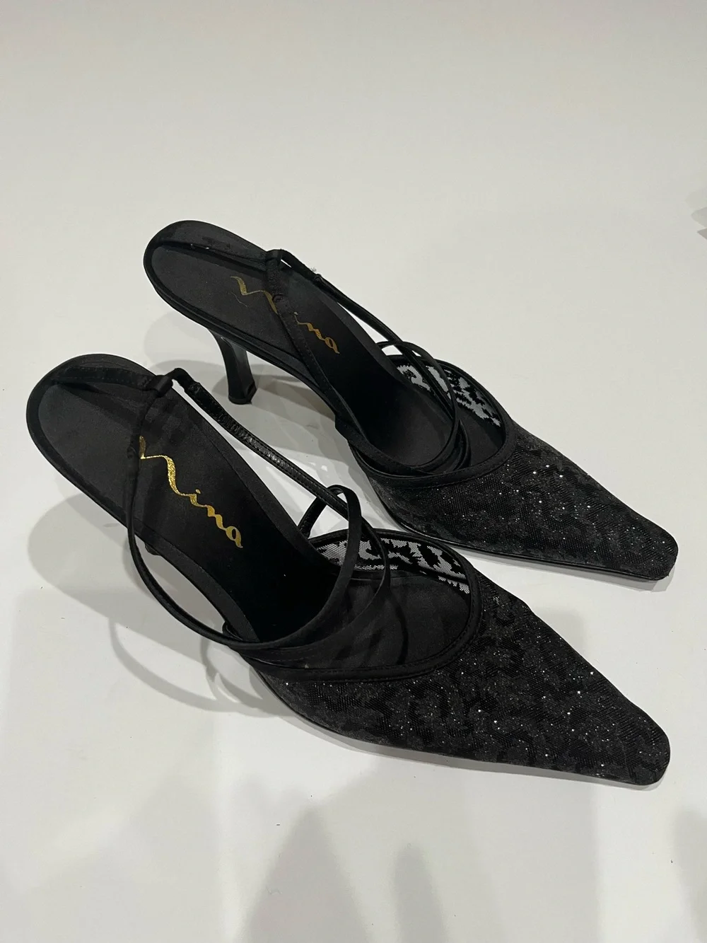 Nina Vintage Black Glittery Strappy Pointed-Toe Kitten Heel Pumps Sz.‎ 8.5